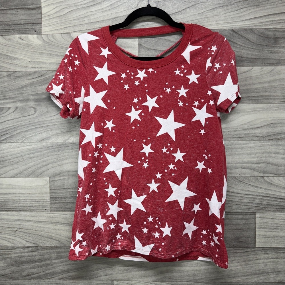 Chaser T-Shirt Womens S Red Allover Star Print Cut Out Back Short Sleeve Tee